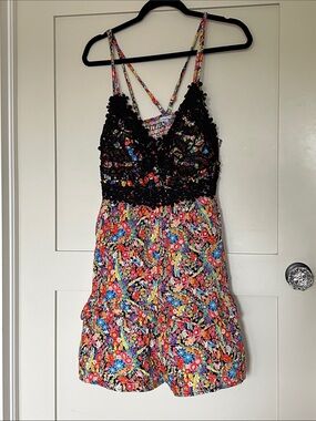 white birch Black Lace Bodice Multicolor Floral Romper